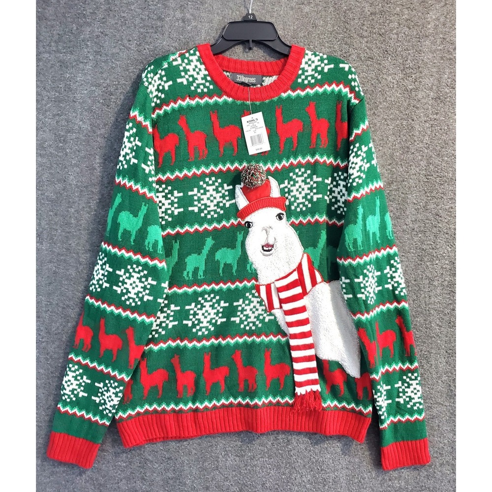 33 Degrees Ugly Christmas Sweater Llama W/ Hat Scarf Men's Size XL Green Red NWT